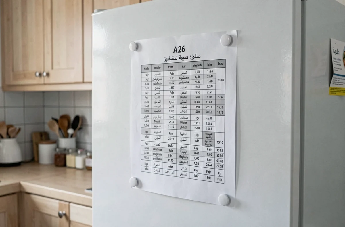Calendrier des heures de prière 2026 imprimé et affiché sur un réfrigérateur
