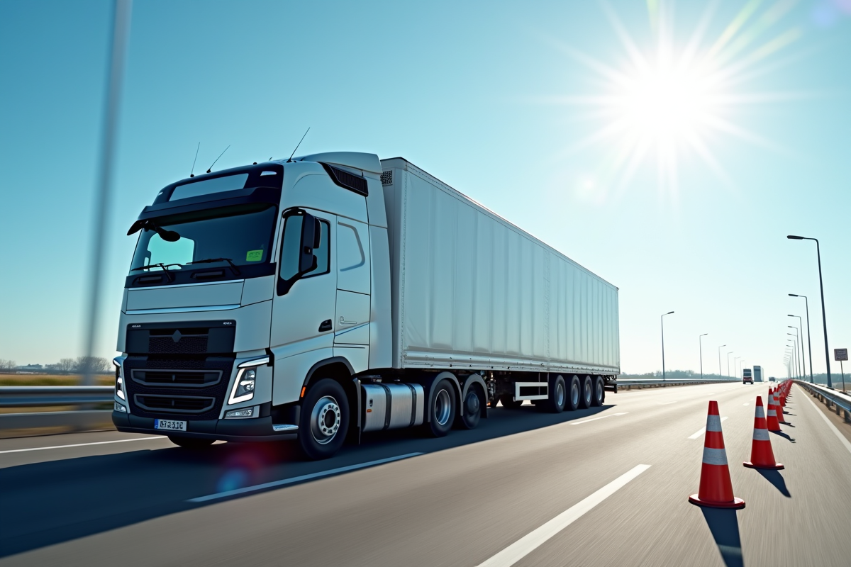 Camion de 30m3 garé avec cones de sécurité et panneaux