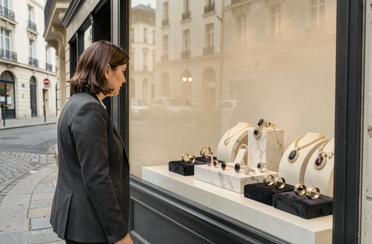 Vitrine de la bijouterie Cantaloube avec pièces de créateurs en or exposées