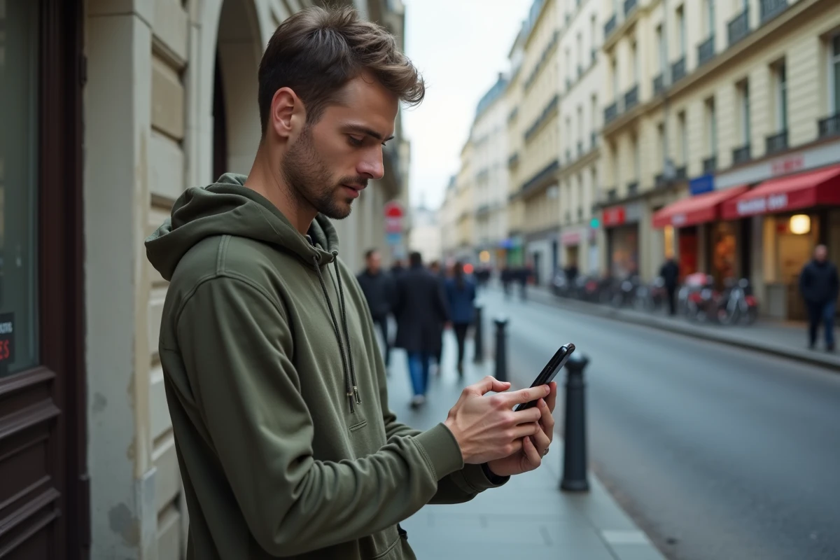 Homme consultant une carte interactive sur smartphone pour localiser un point Vinted Go en ville