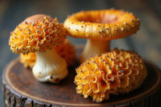 Champignons chanterelle et girolle sur une table en bois