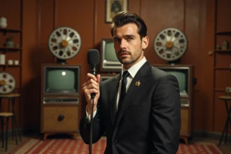 Chanteur français des années 60 en costume sombre devant un micro dans un studio de télévision rétro style ORTF