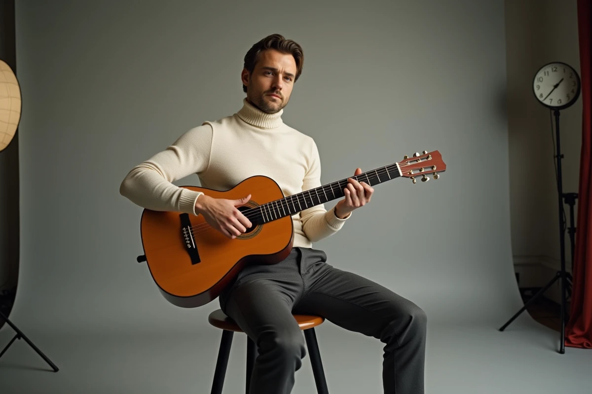 Chanteur yéyé français en col roulé ivoire assis avec une guitare acoustique dans un studio TV des années 60