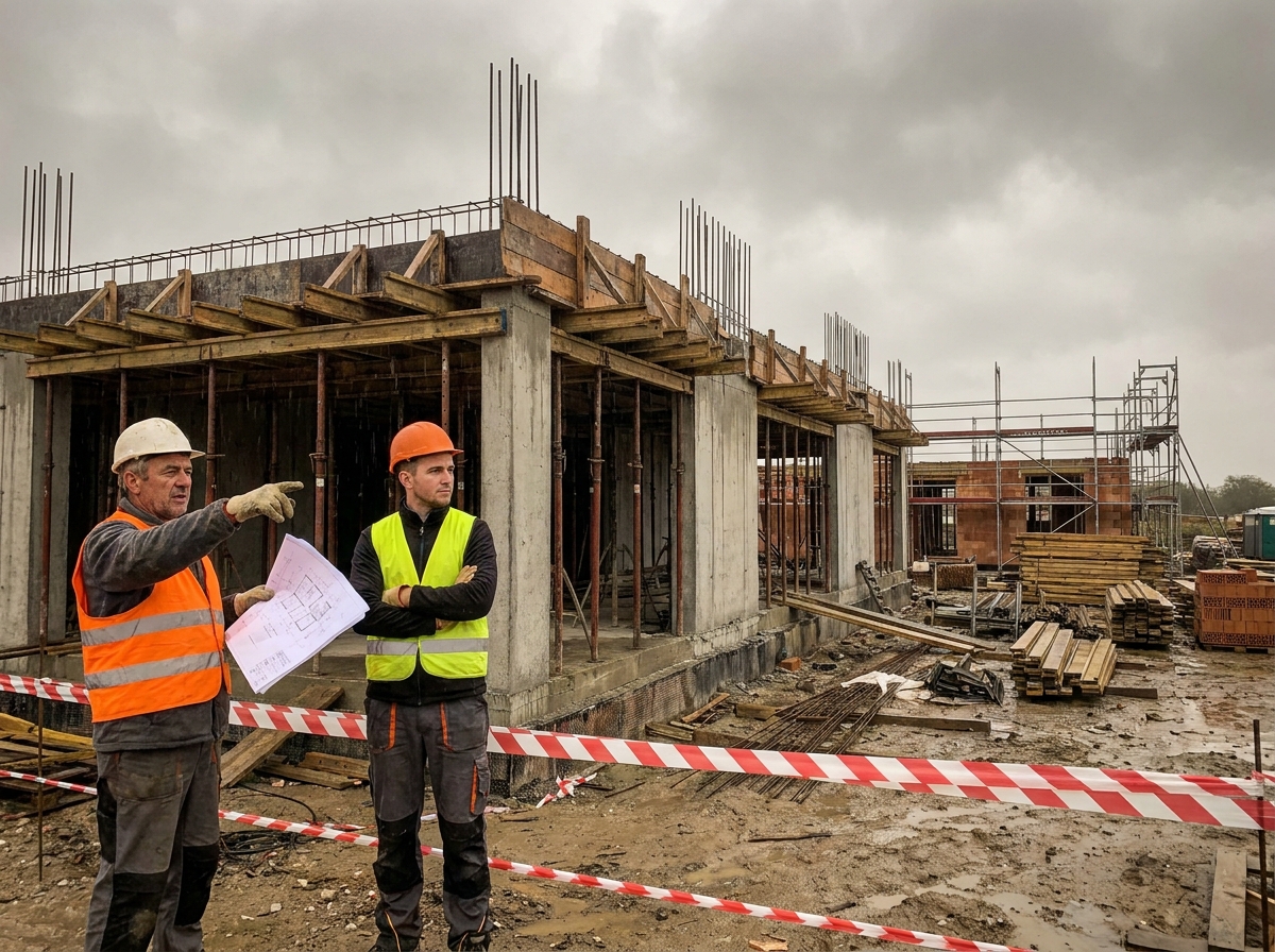 Deux ouvriers en désaccord sur un chantier de construction inachevé avec des armatures en béton et des échafaudages, symbolisant les erreurs coûteuses dans un projet de maison neuve