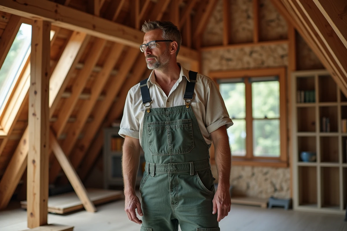 Charpentier dans un grenier rénové examine des poutres en bois