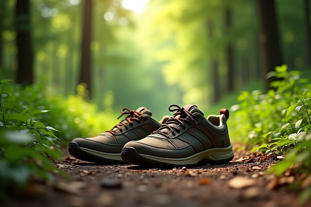 Chaussures usurees sur sentier en foret avec feuillage vert