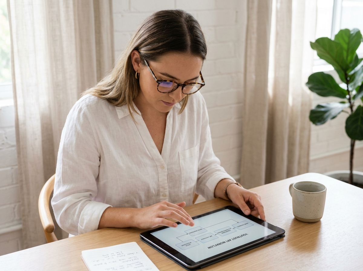 Chef de produit consultant un diagramme d'intégration API de signature électronique Youtrust sur une tablette dans un bureau à domicile