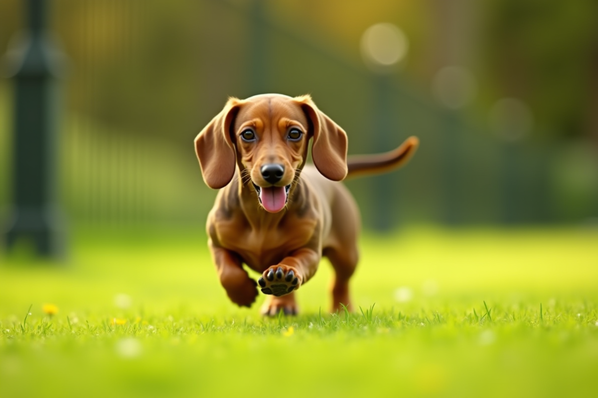 Chien dachshund courant dans un parc ensoleille avec herbe verte