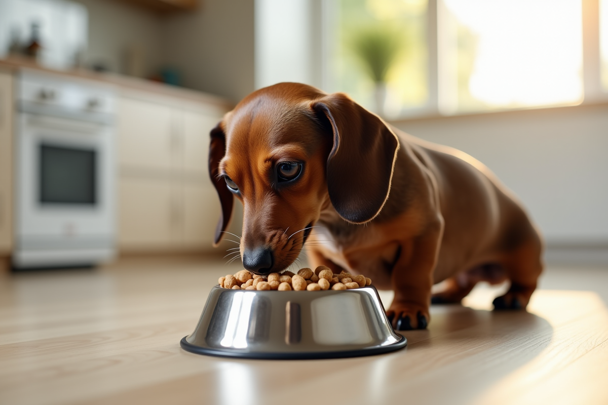 Petit chien dachshund mangeant des croquettes dans une cuisine lumineuse