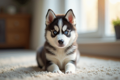 Chiot husky pelucheux assis en intérieur avec lumière naturelle