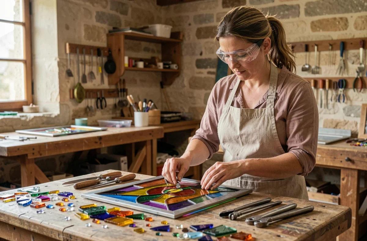 Artisane verrier assemblant un vitrail coloré dans l'atelier Coeur de Vitrail à Ancenis