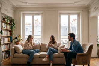 Trois jeunes adultes en colocataire dans un salon moderne d'un appartement coliving parisien avec moulures haussmanniennes et parquet en bois