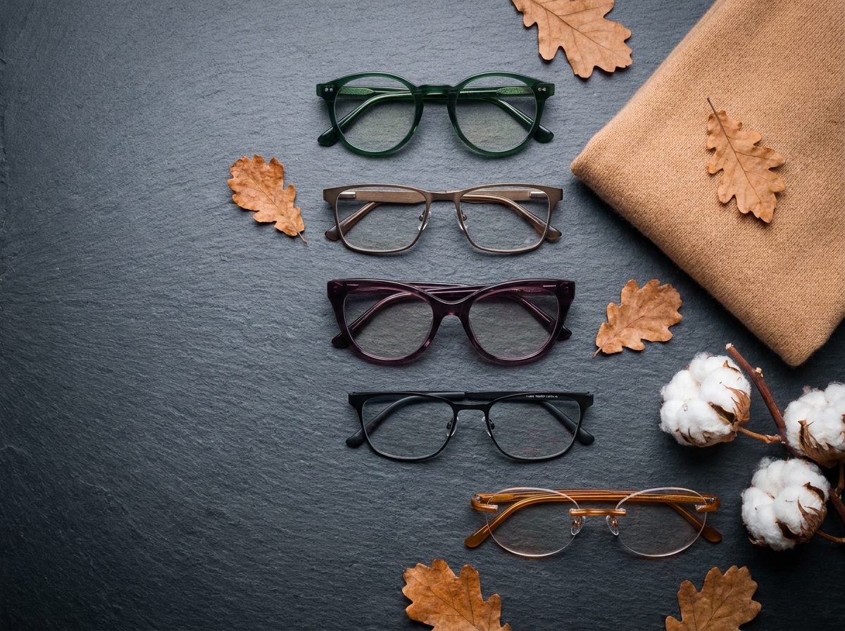 Collection de montures de lunettes automne-hiver disposées en flat-lay sur ardoise avec feuilles séchées et cachemire