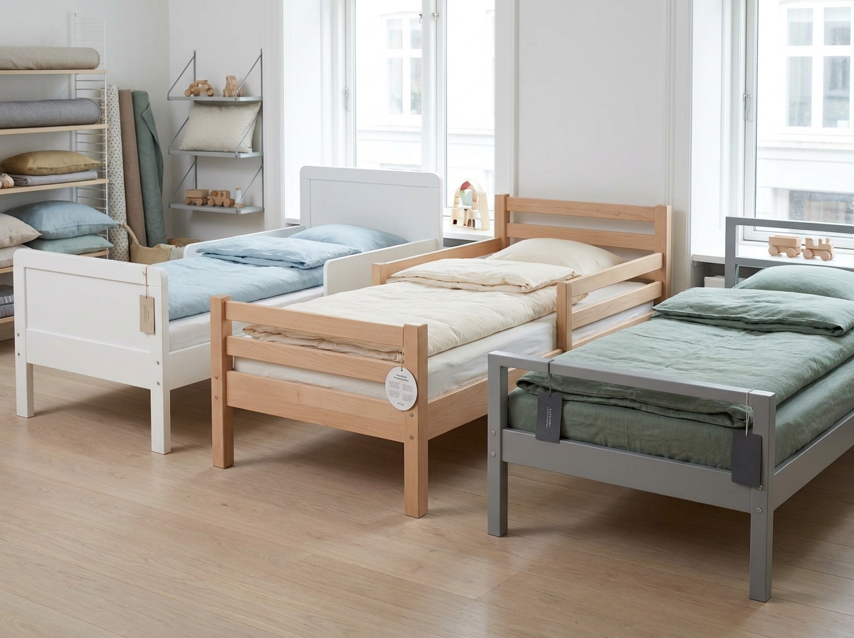 Comparaison de trois modèles de lits évolutifs pour enfant exposés dans un showroom de meubles style scandinave