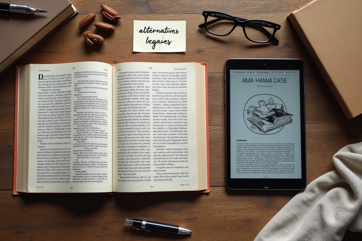 Vue aérienne d'un manga ouvert, d'une tablette montrant une plateforme légale et d'une note sur les alternatives légales aux scans