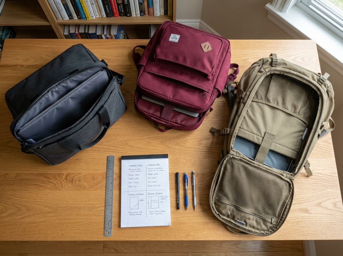 Comparaison de trois sacs à dos différents disposés à plat sur un bureau en bois avec notes manuscrites, vue de dessus