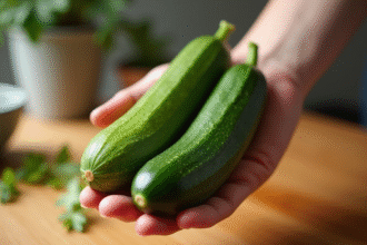 Main tenant un concombre et une zucchini frais