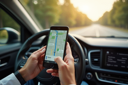 Conducteur dans voiture avec smartphone affichant un itinéraire