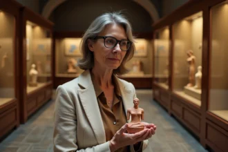 Conservatrice de musée examinant une figurine en terre cuite de la déesse Gaïa dans une salle d'exposition de musée archéologique