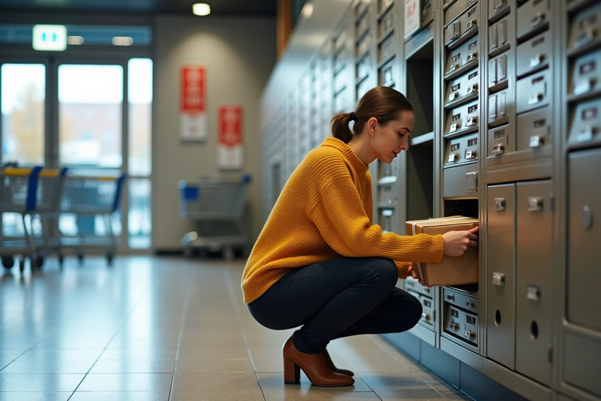 Jeune femme déposant un colis dans une consigne automatique Vinted Go à l'entrée d'un supermarché