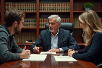 Couple en consultation gratuite avec un notaire dans un bureau officiel entouré de livres juridiques