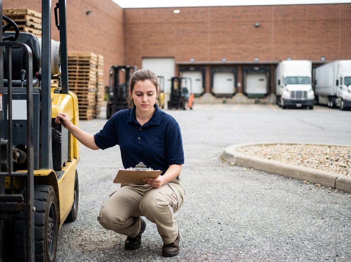 Jeune femme vérifiant un chariot élévateur devant un centre de distribution