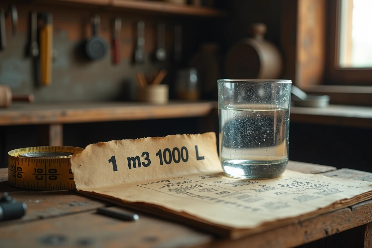 Gros plan sur un établi d'atelier avec un mètre ruban, un récipient en verre rempli d'eau et une note manuscrite indiquant la conversion 1 mètre cube égale 1000 litres