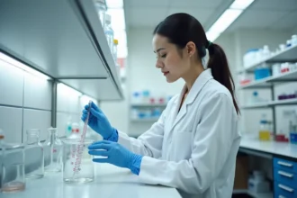 Femme en blouse de laboratoire versant du liquide dans une éprouvette graduée pour mesurer des volumes en cm³ et litres