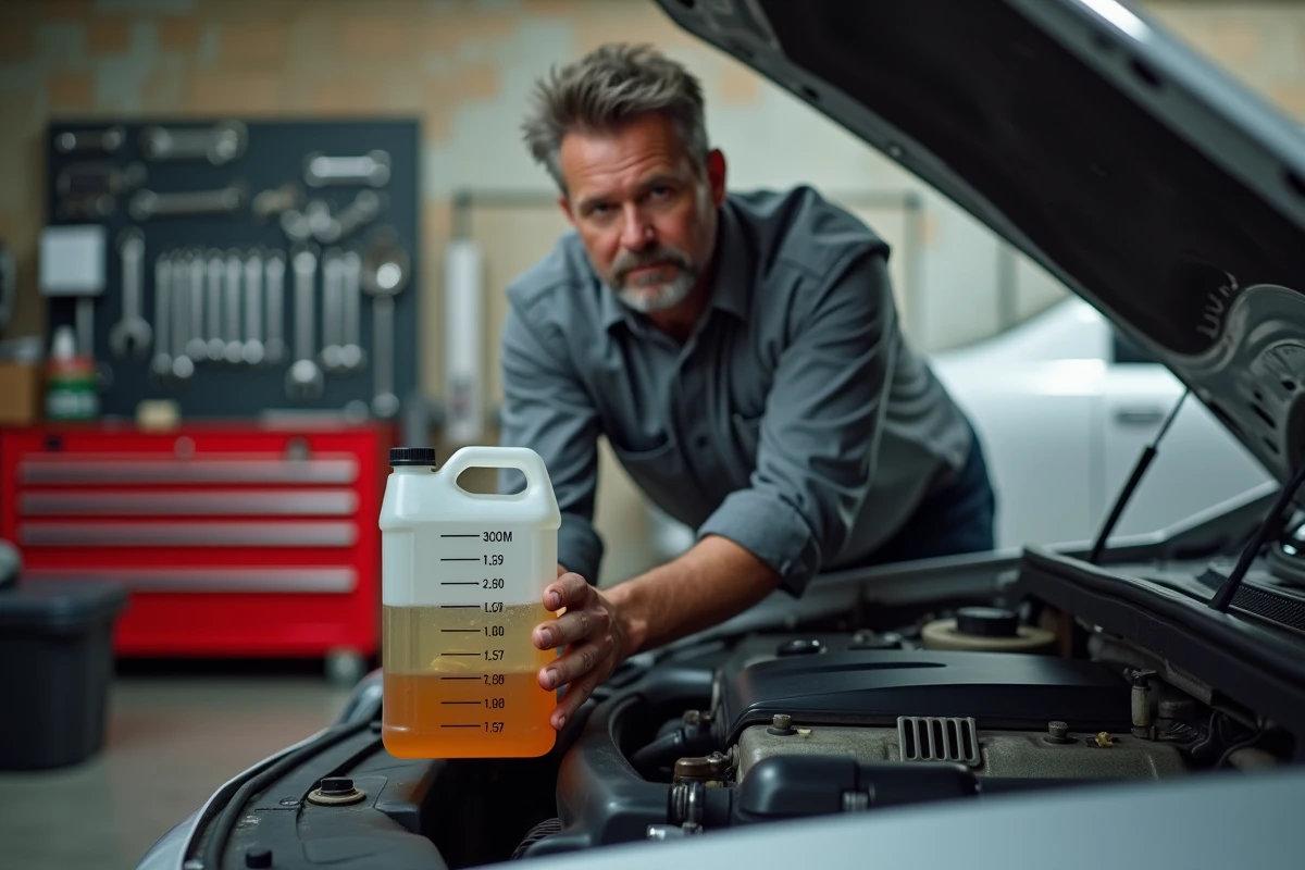 Mécanicien tenant un contenant gradué en cm³ dans un garage automobile pour mesurer le volume d'huile moteur en litres