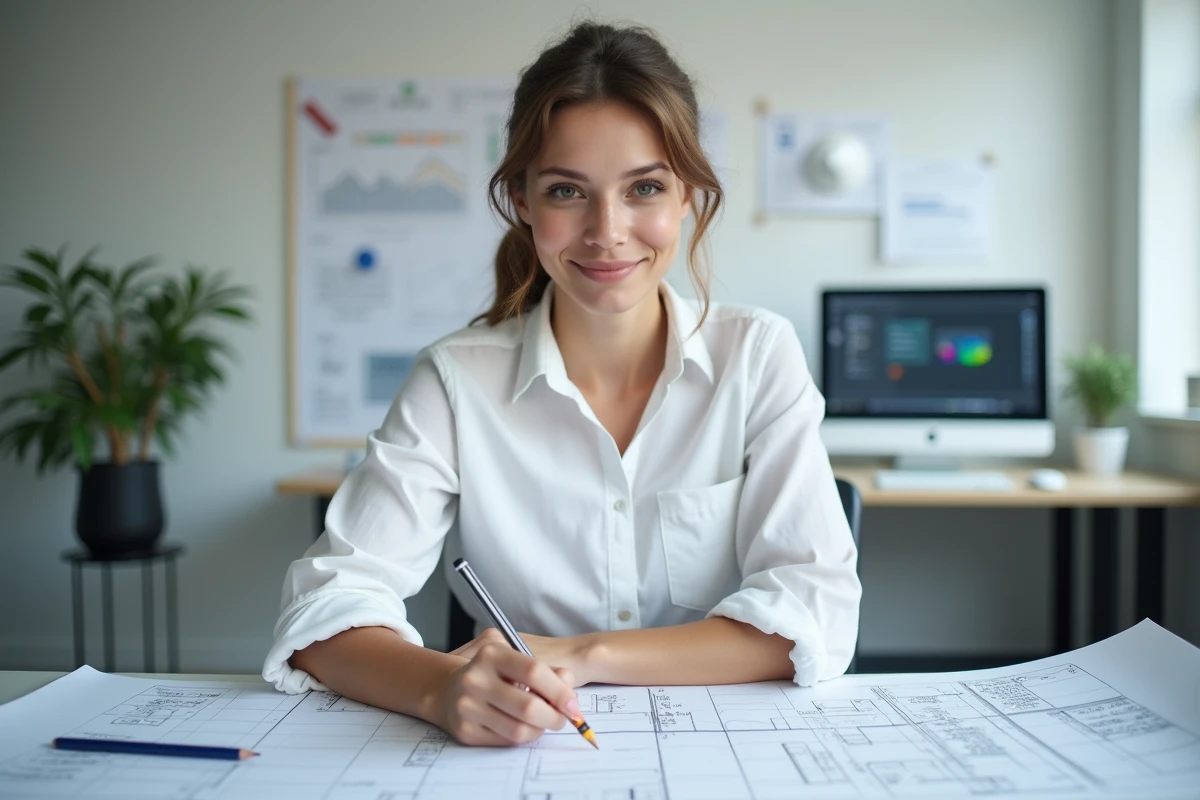 Ingénieure annotant un plan technique avec des tableaux de conversion de degrés en pourcentage de pente dans un bureau d'études moderne