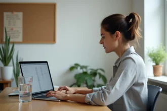 Femme consultant un tableau de conversion litres et mètres cubes en ligne sur un ordinateur portable dans un bureau à domicile