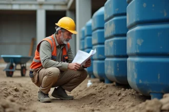Ouvrier en bâtiment consultant un tableau de conversion mètre cube en litres à côté d'une cuve de stockage d'eau sur un chantier de construction