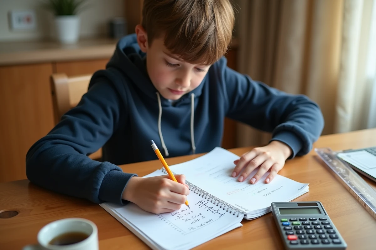 Adolescent faisant des calculs de conversion cm³ en litres dans un cahier avec une calculatrice sur une table en bois