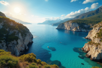 Côte méditerranéenne sauvage au coucher du soleil avec eaux turquoise et falaises