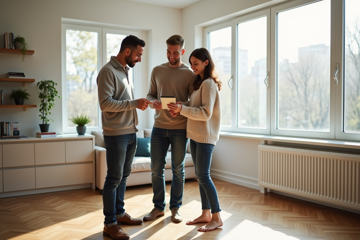 Couple en conversation avec un agent immobilier dans un salon