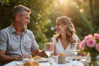 Couple souriant lors d'une célébration d'anniversaire en plein air