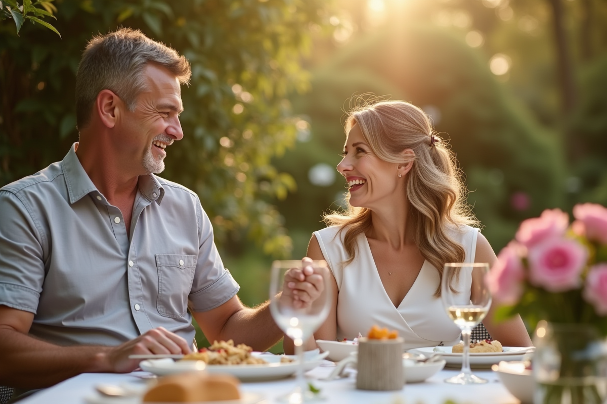 Couple souriant lors d'une célébration d'anniversaire en plein air