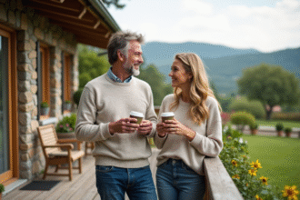 Couple souriant dégustant un café dans un jardin rural