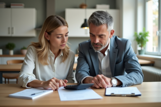 Couple d'adultes calculant les coûts de vente d'une maison