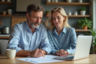 Couple moyenâgeux examinant des documents de prêt immobilier