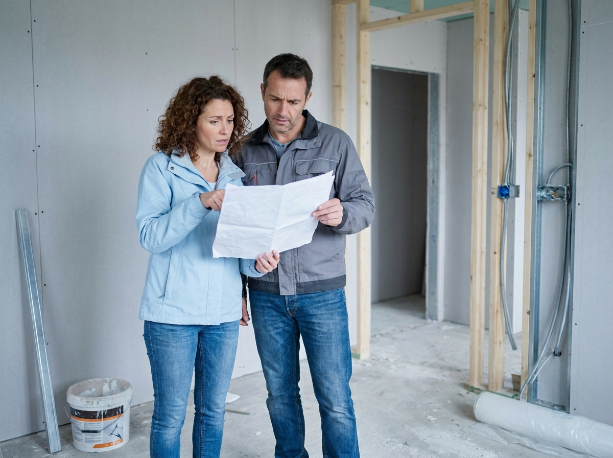 Couple inquiet consultant un devis de construction à l'intérieur d'une maison neuve inachevée, illustrant les mauvaises surprises financières lors d'un projet immobilier