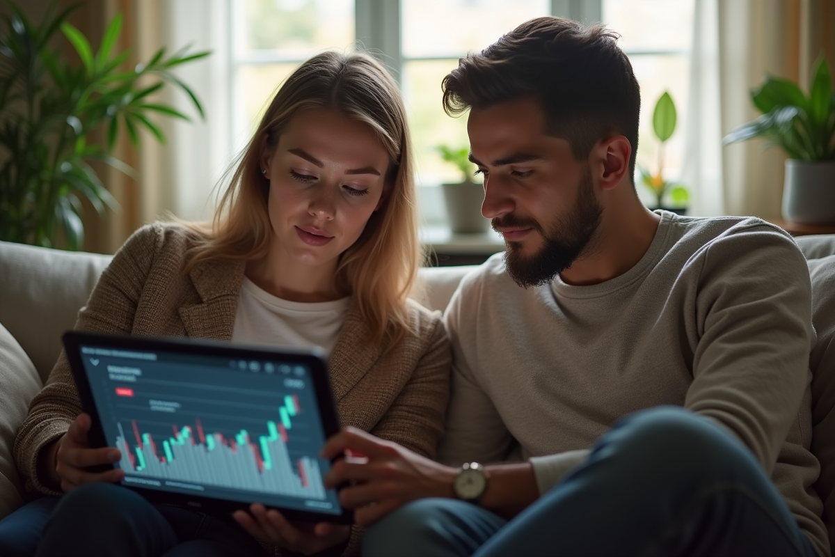 Jeune couple analysant des graphiques d investissement sur une tablette
