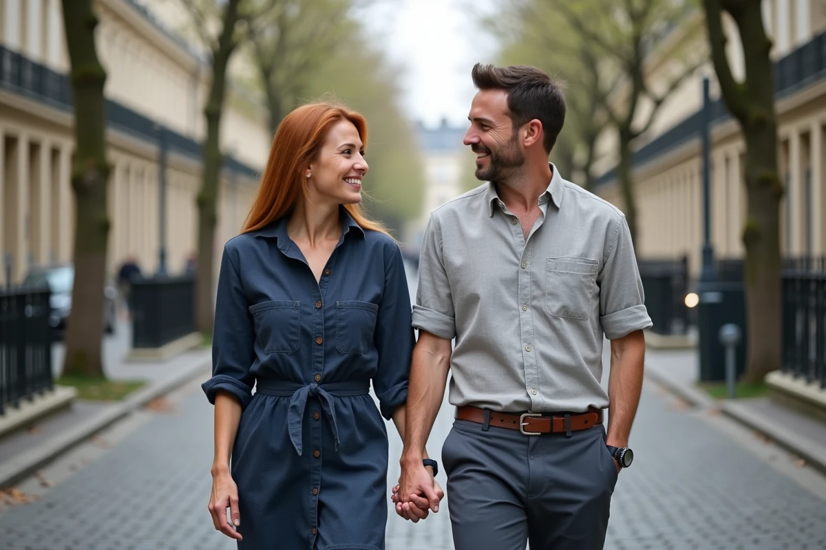 Couple se promenant dans une rue parisienne pavée, complicité naturelle et atmosphère printanière