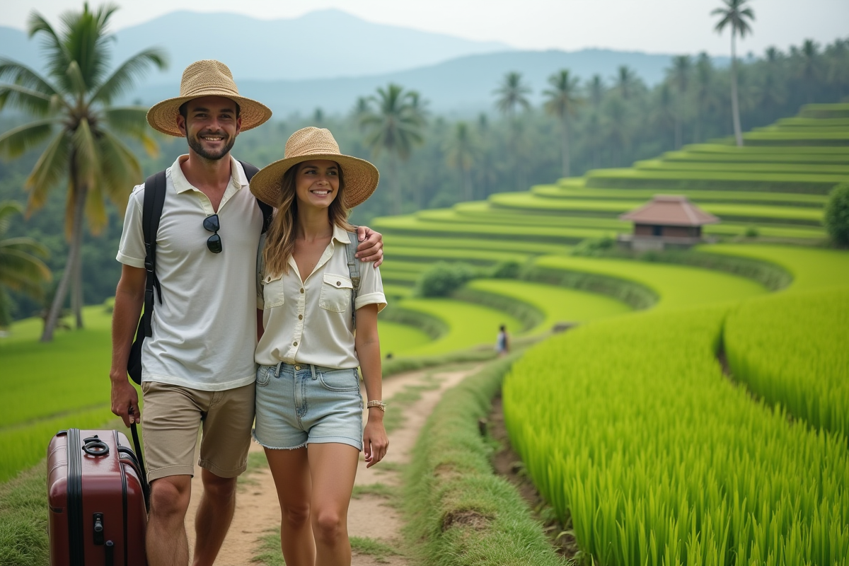 Jeune couple souriant marchant dans la riziere bali