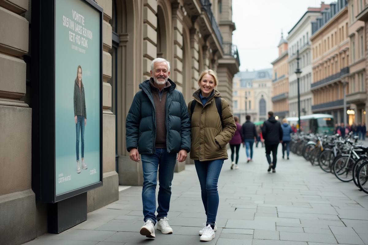 Homme et femme en vêtements durables sur un trottoir urbain avec panneau publicitaire