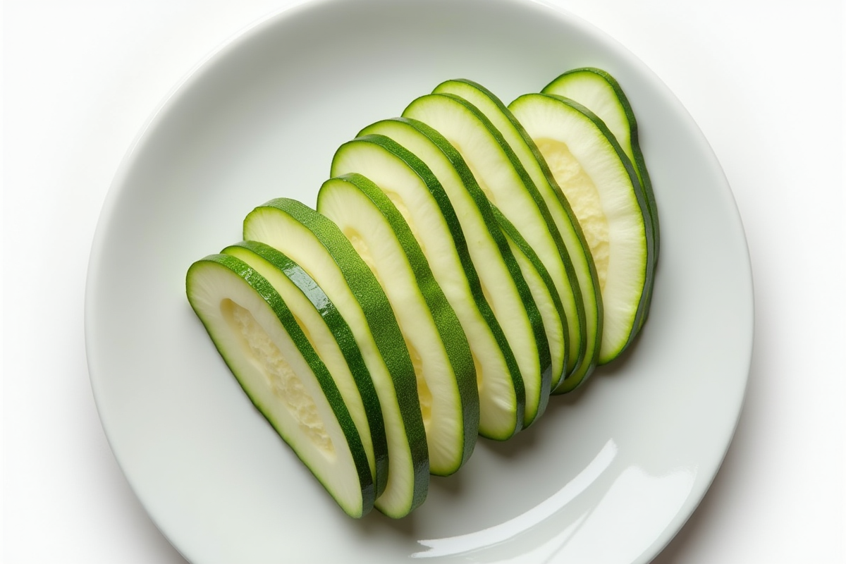 Courgettes tranchées sur une assiette blanche lumineuse