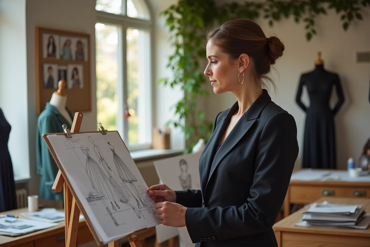 Couturiere femme examinant des croquis dans son atelier lumineux