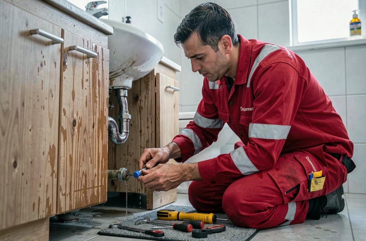 Technicien Depanneo en intervention d'urgence sur une fuite d'eau sous un lavabo en Loire-Atlantique
