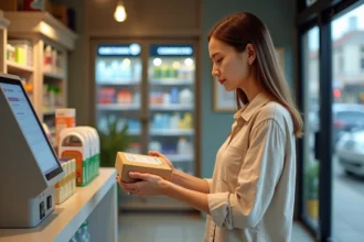 Femme déposant un colis Vinted Go dans un point relais en magasin de proximité