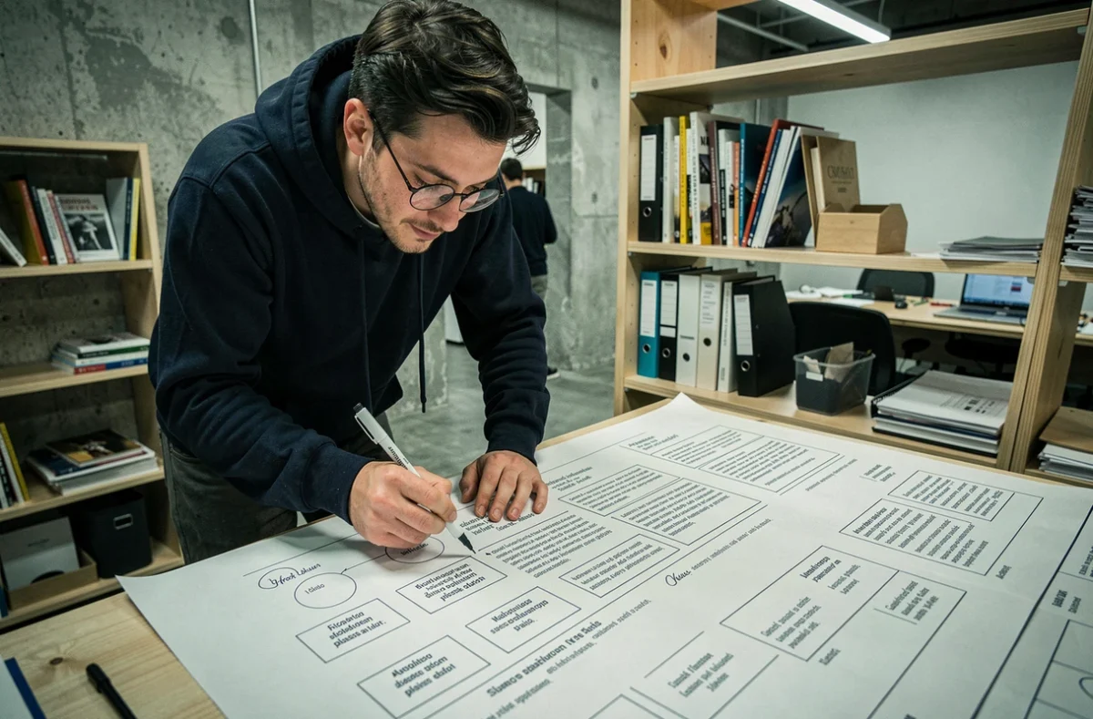Designer masculin annotant des blocs de texte Lorem Ipsum sur des maquettes papier imprimées dans un espace de coworking créatif